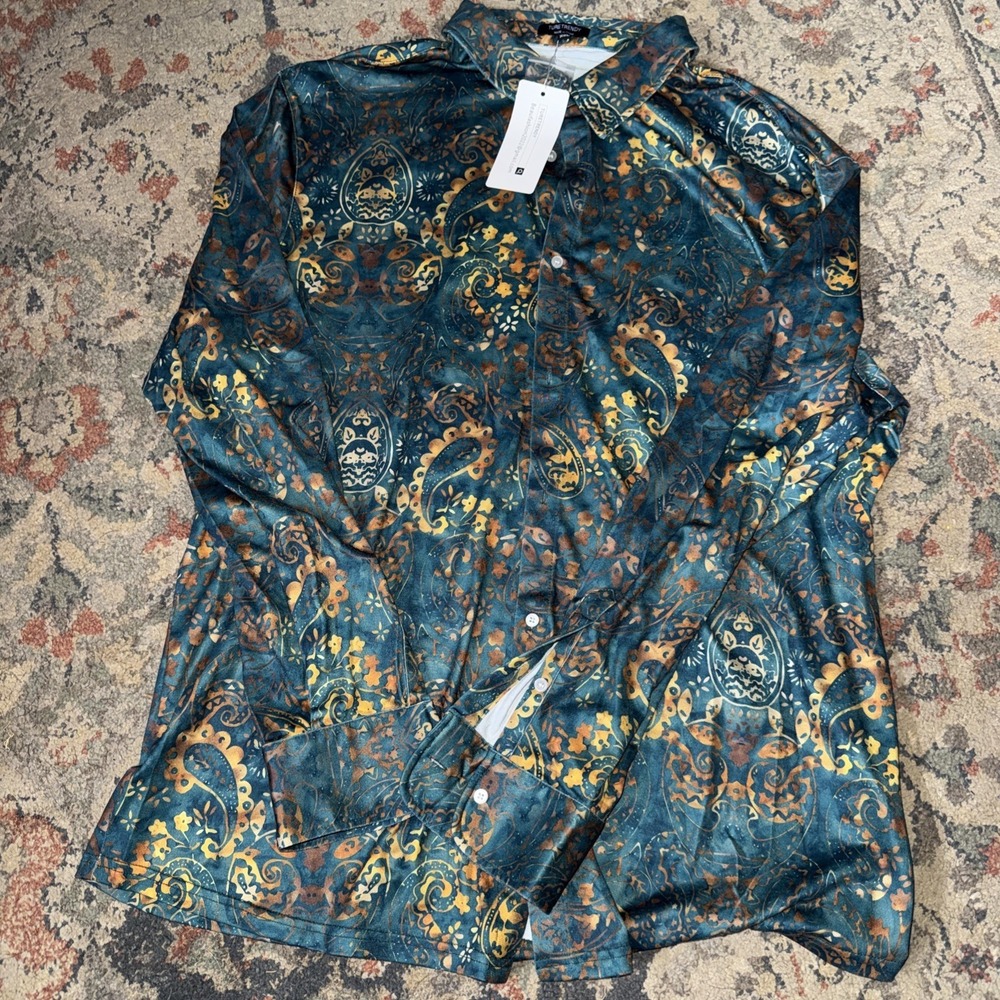 Mens Paisley Button Down Shirt XXL Teal Gold Satin Long Sleeve Party Shirt